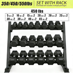 Rovix 450-Pounds Rubber Hex Dumbbell Set With Rack (SAK90714)